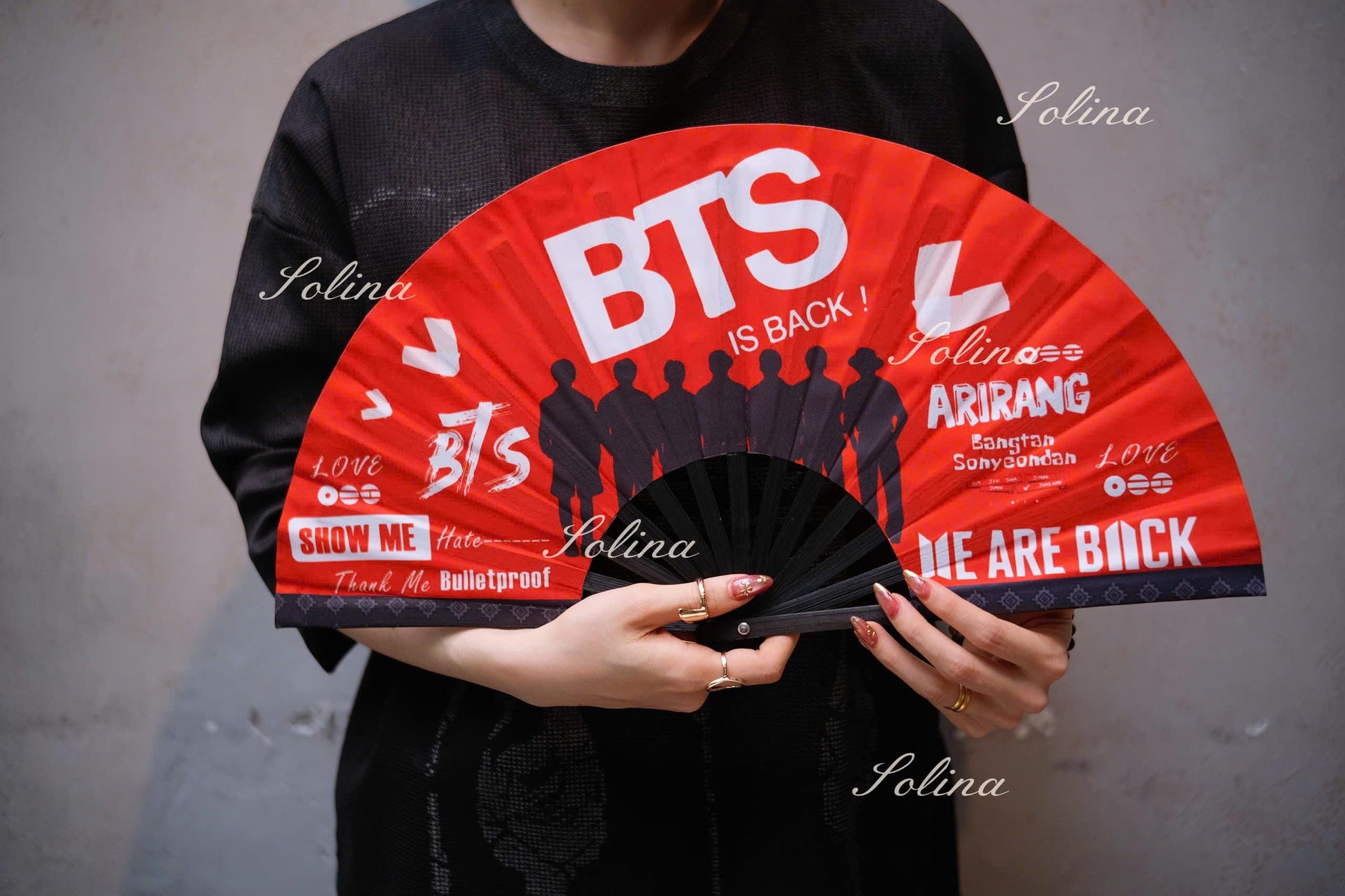 BTS World Tour Arirang Fan, Red Kpop Concert Accessory, Foldable Bamboo Fabric Souvenir