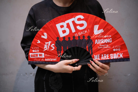 BTS World Tour Arirang Fan, Red Kpop Concert Accessory, Foldable Bamboo Fabric Souvenir