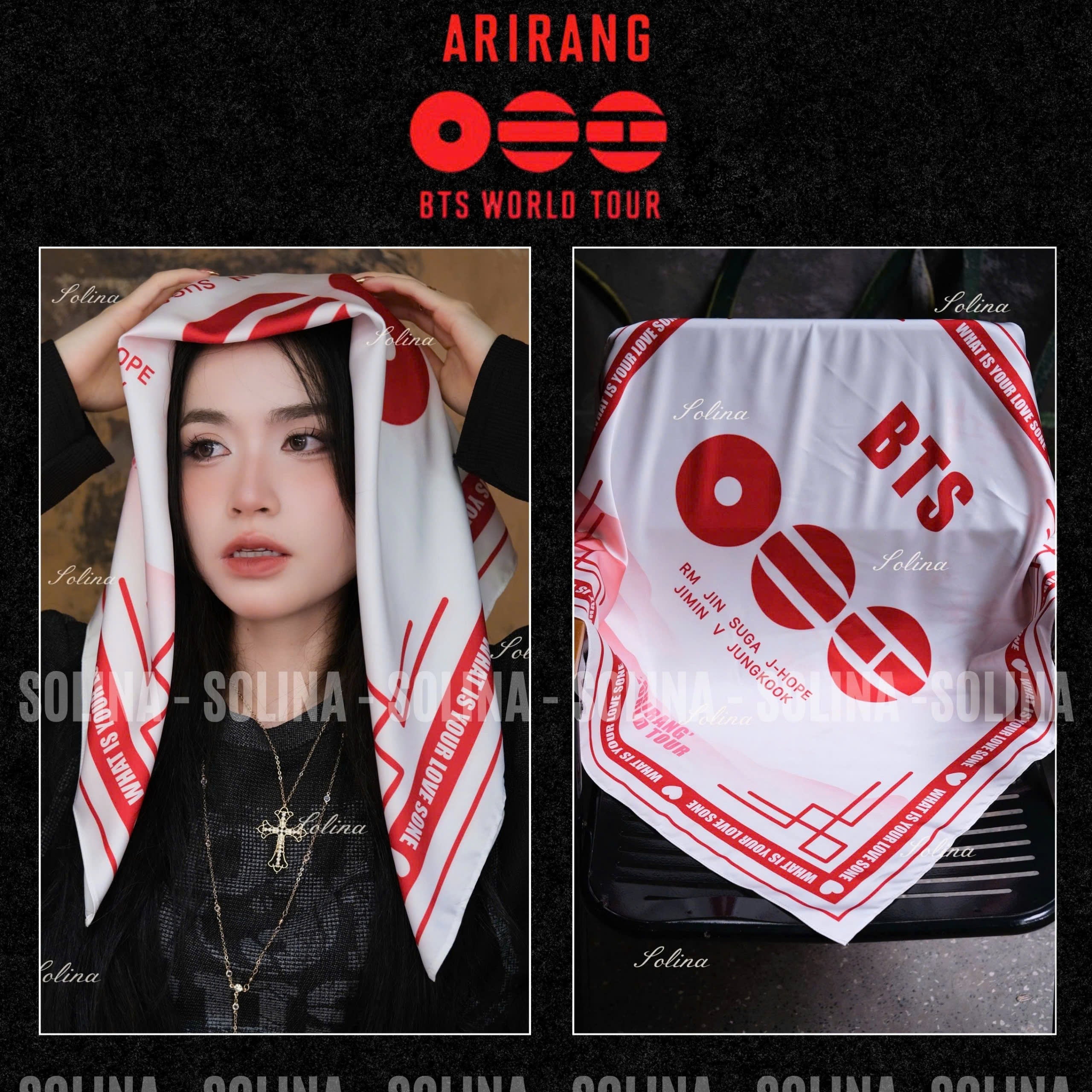 BTS World Tour ARIRANG Silk Bandana - Red and White Square Scarf